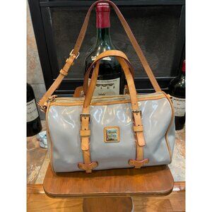 B335 - Dooney & Bourke satchel bag in a gray, glossy coated canvas with tan leat